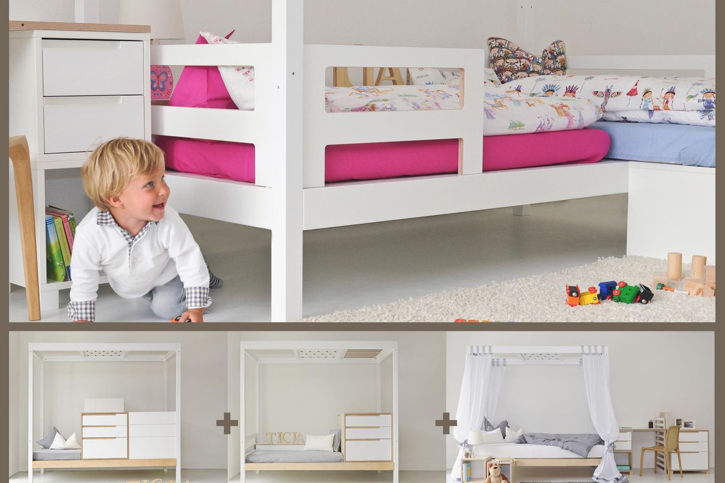 TICIA, das mitwachsendes Bett in italienischem Design, lässt sich von der Wiege bis hin zum Erwachsenenbett verwandeln, sowohl für ein Kind als auch für Geschwister / Zwillinge. Aus schadstofffreien Materialien. (Preis: ab 2.900 Euro, www.complojerforkids.it)