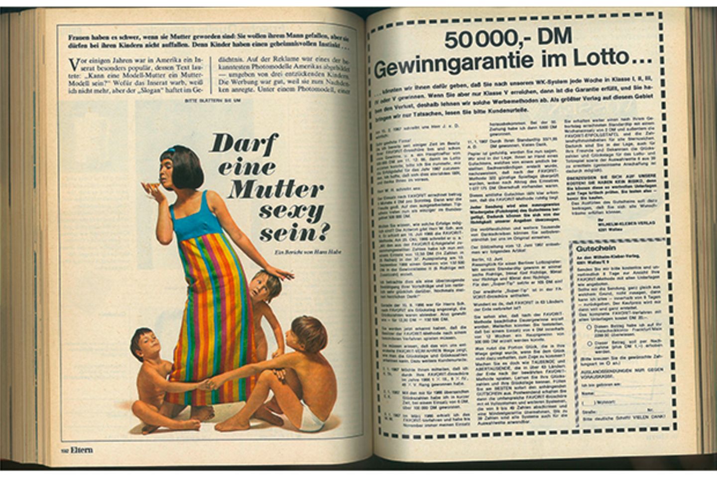 Eher aus der Zeit gefallen wirkt 1967 dagegen der Artikel:   „Darf eine Mutter sexy sein?“   Im selben Jahr, in dem Reiner Langhans und Uschi Obermeier die „Kommune 1“ gründeten und sich samt Kind nackt an einer Wand stehend von hinten fotografieren ließen, beantwortete der damals populäre Schriftsteller und Journalist Hans Habe in großväterlichem Ton, dass Mütter zwar ihrem Mann gefallen wollen, aber bei ihren Kindern „nicht auffallen“ dürften, denn: „Kinder haben einen geheimnisvollen Instinkt …“ Im Klartext: Nein, Mütter dürfen nicht sexy sein.    