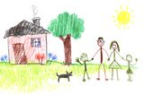 Fastenzeit: Ein selbstgemaltes Bild mit Haus, Baum, Hund und Mutter, Vater, Kind