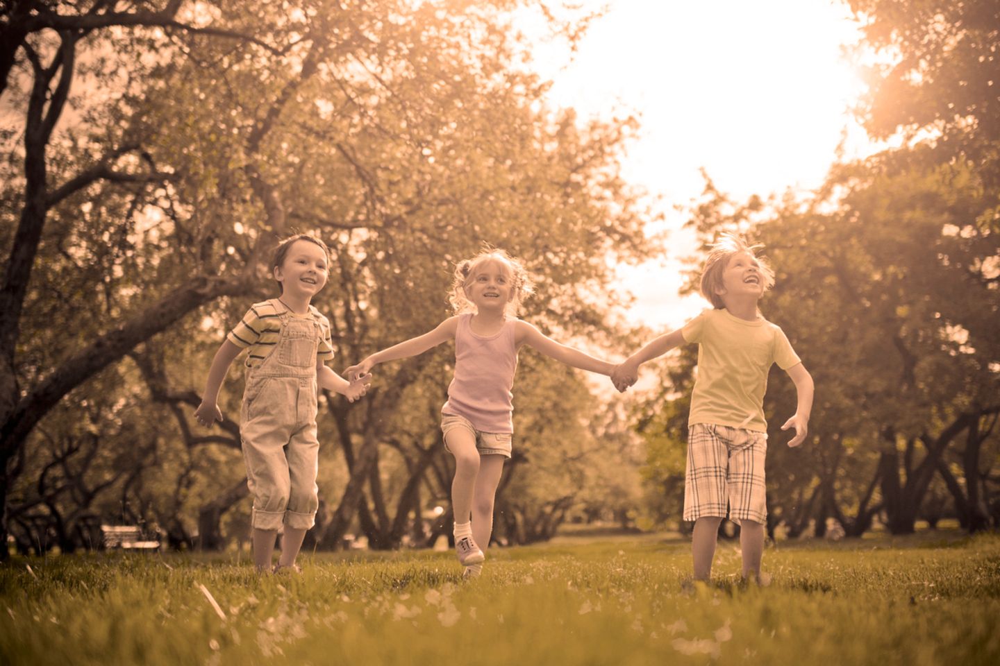 Kinder, die Hand in Hand über eine Wiese laufen