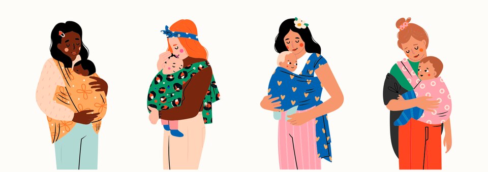 Parenting Index: Wo lebt mein Kind am glücklichsten? Parenting Index: Illustration von Frauen mit Kindern in Tragetüchern