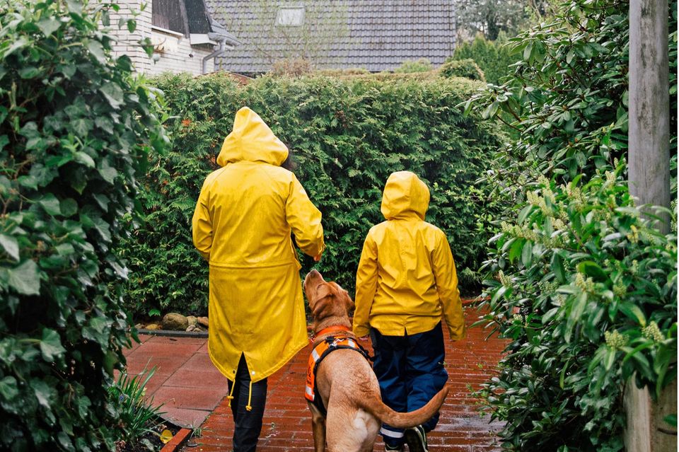 Ein Assistenzhund für Leon: Leon geht mit seiner Mutter und seinem Hund im Regen