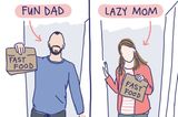 Ein Comic, auf dem eine Mutter und ein Vater mit Fast Food nach Hause kommen