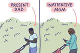Ein Comic, bei dem ein Vater und eine Mutter einen Kinderwagen schieben