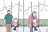 Ein Comic, bei dem ein Vater und eine Mutter mit ihrem Kind schaukeln