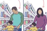 Ein Comic, bei dem ein Vater und eine Mutter mit ihrem Kind im Einkaufswagen einkaufen