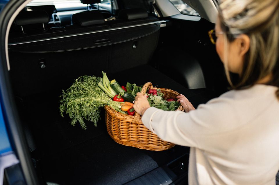 Sarah achtet auf eine gesunde Ernährung. Wenn sie mit ihrem Auto zum Wocheneinkauf fährt, landet deshalb viel frisches Obst und Gemüse im Körbchen.