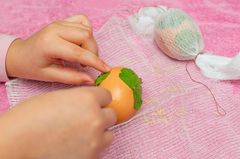 Eier färben mit Zwiebelschalen: Hände wickeln Eier zum Färben ein