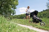 Kinderwagen der Jahrzehnte: Frau joggt mit Baby