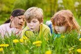Abenteuer und Gutes tun: Kinder mit Lupe im Gras