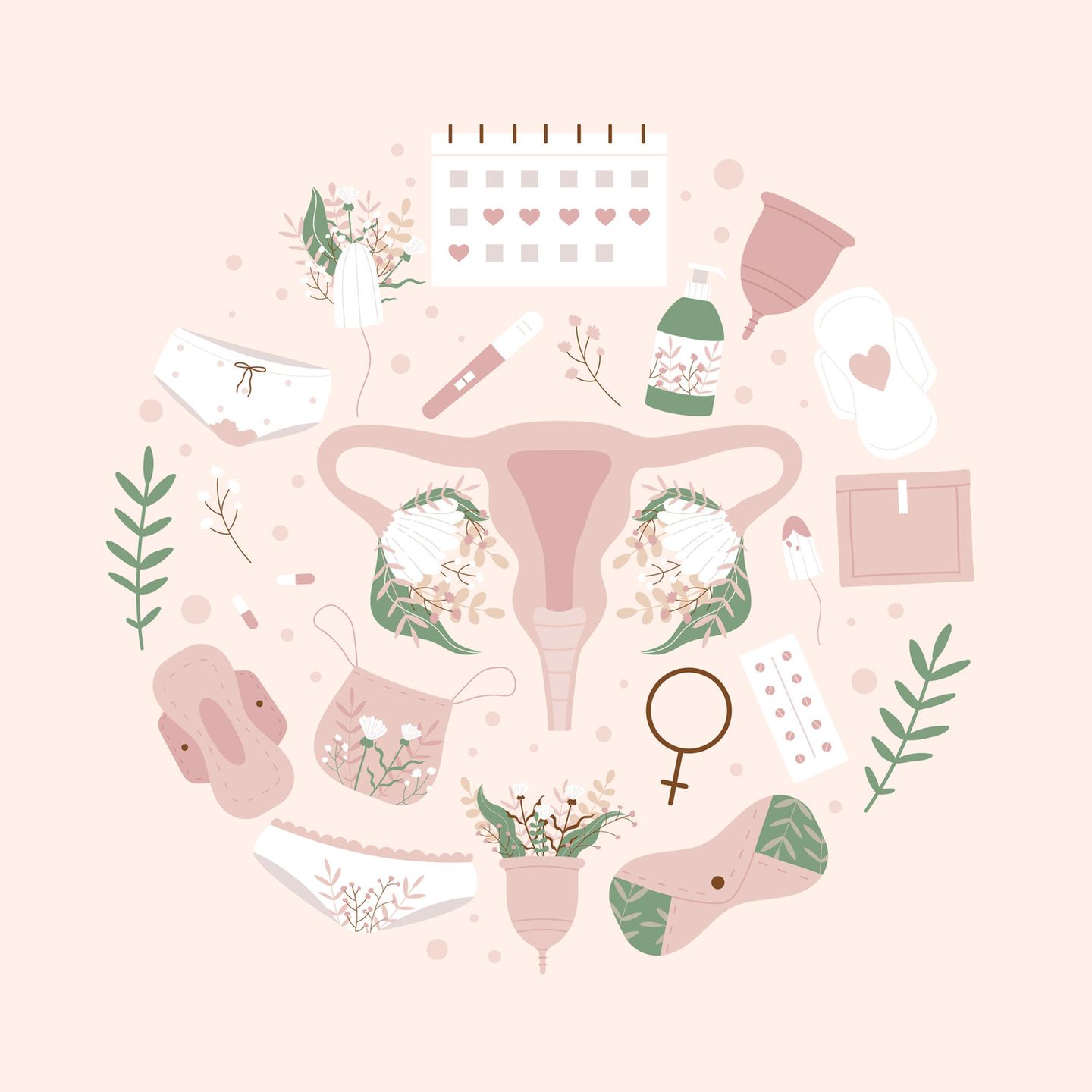 Zeichnung von Periodenprodukten und typischen Symbolen, die zur Erklärung der Menstruation dienen