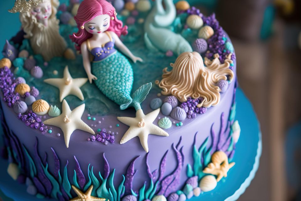 Meerjungfrau-Geburtstag: Bunte dekorierte Torte mit Seesternen und Meeresnixen