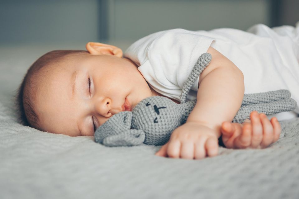 Alles rund ums Schlafen: Baby schläft mit Kuscheltier im Arm