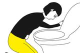 Comic Schwanger schafft: Frau kniet über der Toilette