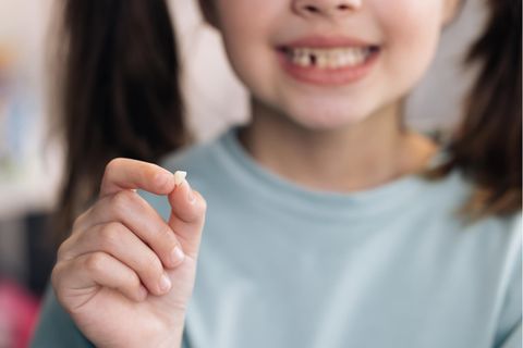 Die Zahnfee kommt: Kind hält einen ausgefallenen Zahn hoch