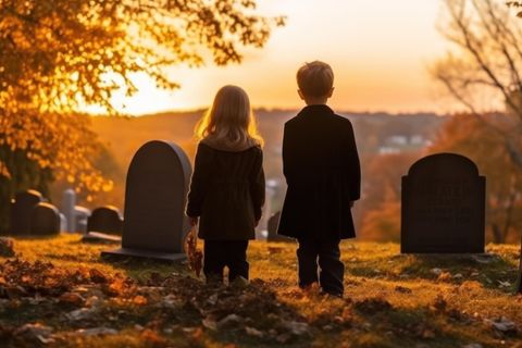 Zwei Kinder sind auf einem Friedhof, die Sonne geht unter