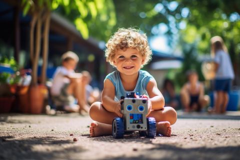 Ganztags in die Kita: Kind sitzt draußen auf dem Boden mit einem Spielzeug