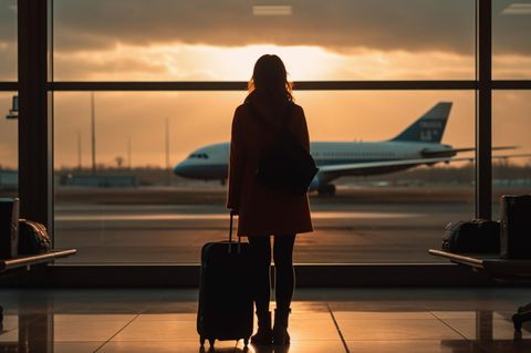 Familienkolumne: Die Silhouette einer Frau mit Koffer steht am Flughafen