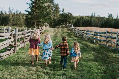 Großfamilien: Vier Kinder laufen Hand in Hand einen Feldweg hinunter