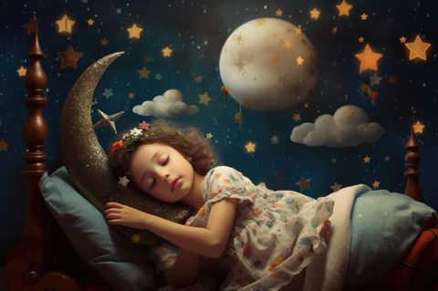 schlafendes Mädchen mit Mond und Sternen