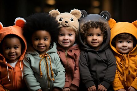 Eine gruppe kostümierter Kleinkinder sitzt lächelnd nebeneinander