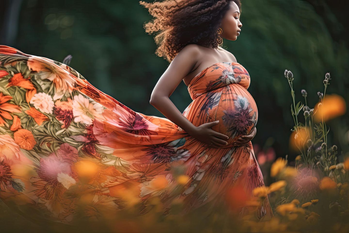 Schwangere auf Blumenwiese Natur beeinflusst Geburtsgewicht