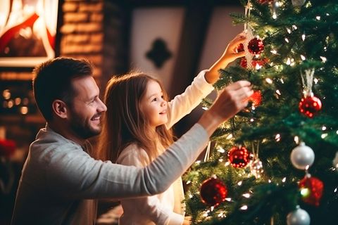 Weihnachtstraditionen: Vater schmückt Baum mit Tochter