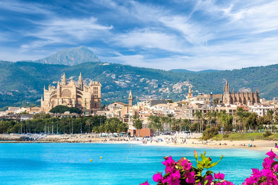 Mallorca mit Kindern: Ein Blick Palma de Mallorca mit Strand und Kathedrale.