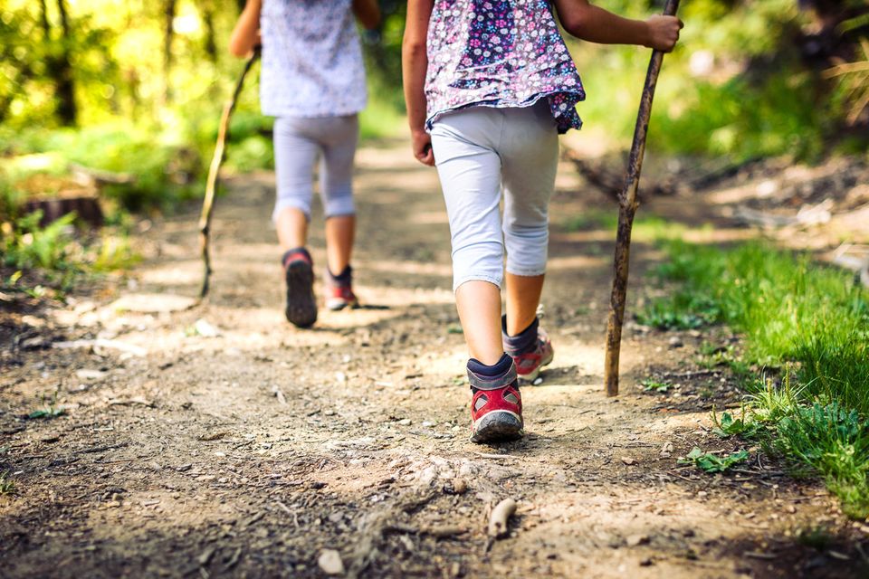 Kinder-Wanderschuhe im Test: Zwei Kinder wandern mit Wanderstöcken durch den Wald.